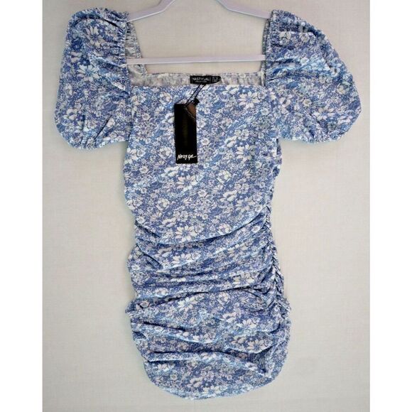 Nasty Gal Women's Sz 8 Blue Floral Got A Puff On You Square Neck Bodycon Dress - Picture 1 of 10